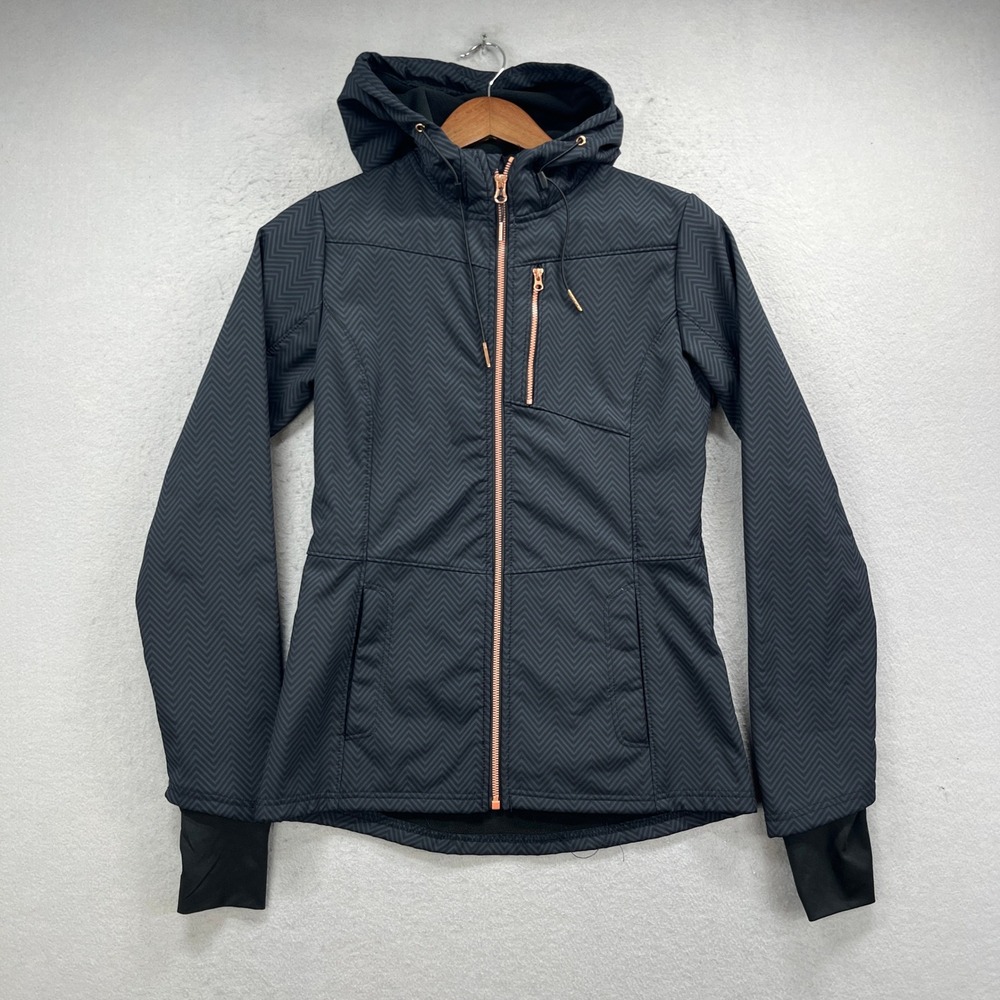 Mondetta Hooded Softshell Jacket Womens S Black Chevron Rose Gold Full Zip Coat